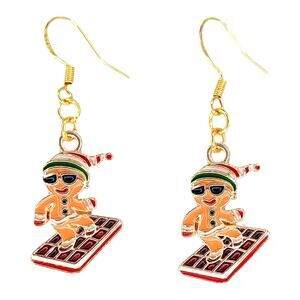 Gingerbread surfing chocolate bar dangle earrings — lightweight holiday jewelry